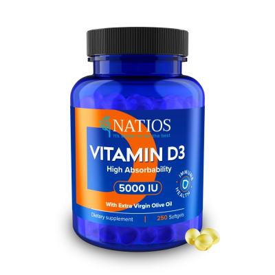 NATIOS Vitamin D3, Vysoce vstřebatelný, 5000 IU, Natios 250 softgel kapslí (s olivovým olejem)