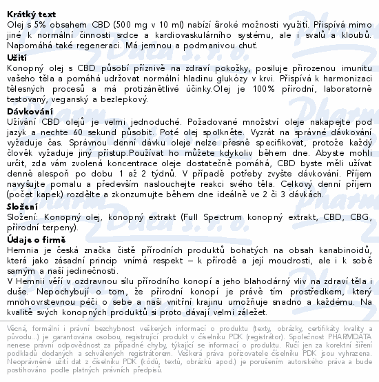 Hemnia CBD Konopný olej 5% 500mg 10ml