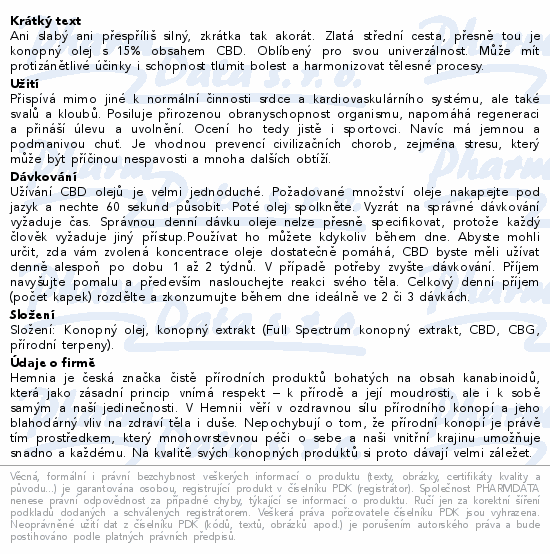 Hemnia CBD Konopný olej 15% 1500mg 10ml