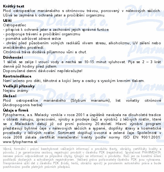 Ostropestřec marián.s citr.trávou 20x2g Fytopharma