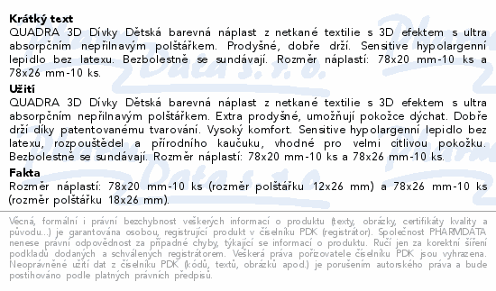 QUADRA 3D Dívky Dětská barevná náplast 20ks 2 vel.